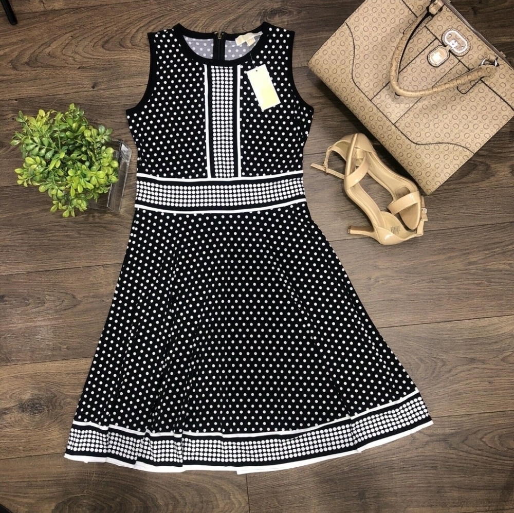Michael Kors Black and White Polka Dot Midi Dress